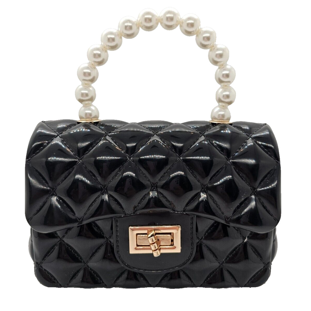 Wanted popular Black & Gold Jelly Crossbody Tote Handbag w/ Pearl Handle
